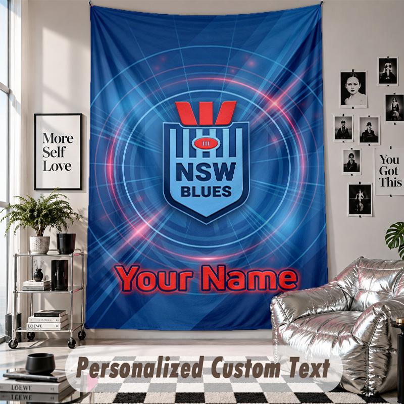 Wall Hanging Tapestry With Custom Name & Text, NSW Blues Logo Decorative Tapestry For Bedroom