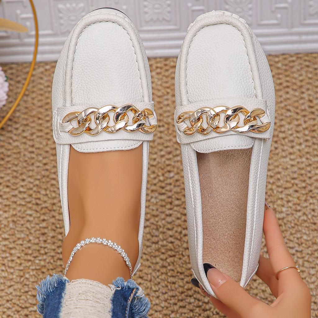 Spring Autumn New Bean Shoes Female Women Round Head Low Heel Metal Chain Casual Footwear Mother Shoes Lady Loafer