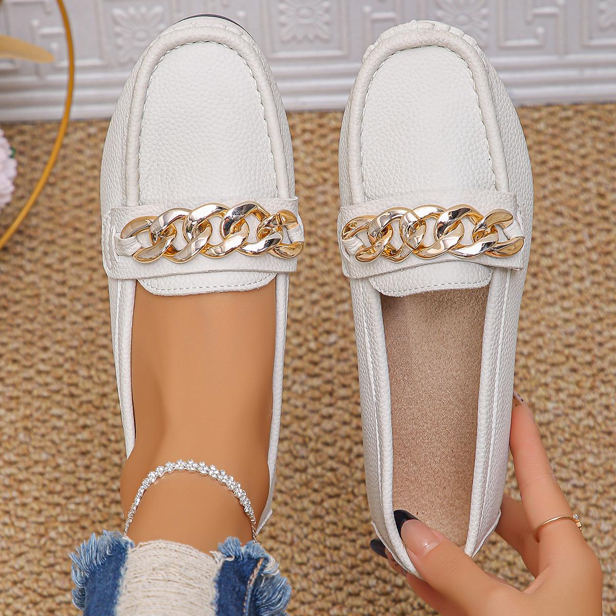 

Fashion Spring Autumn New Bean Shoes Female Women Round Head Low Heel Metal Chain Casual Footwear Mother Shoes Lady Loafer 35 бежевый