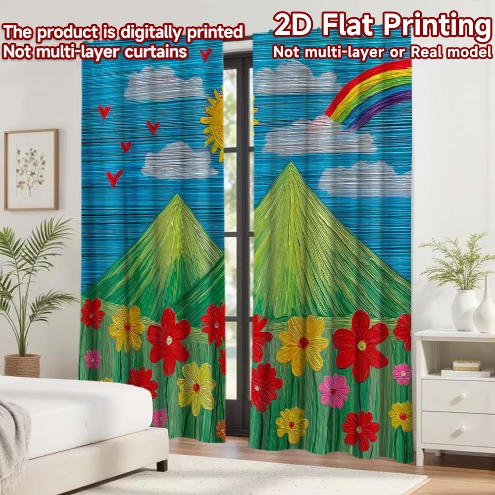 2D flat printing 2pcs Curtain Window Treatment Curtains Spring Rainbow Meadow Digital Printed Polyester Drapes Family Party for