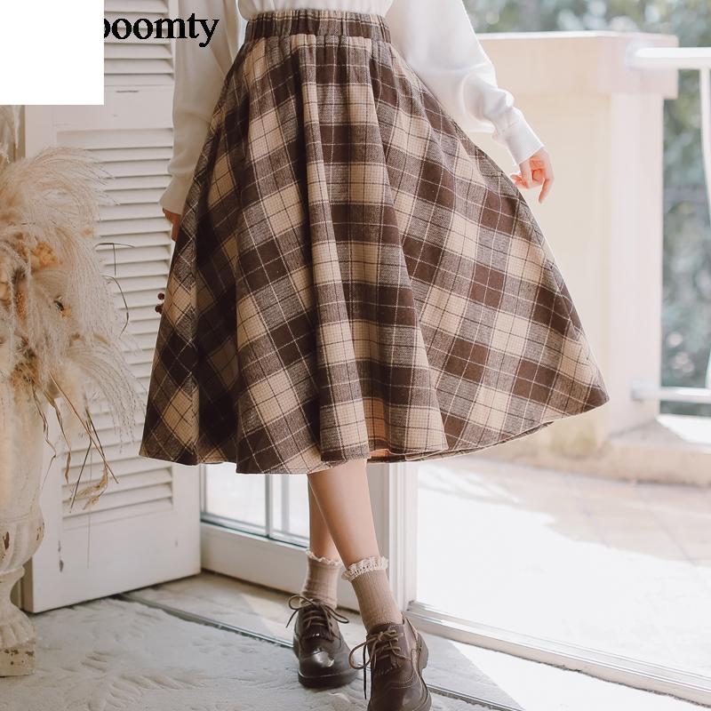 

Mori Girl, осенне-зимняя женская элегантная юбка с высокой талией, винтажная клетчатая теплая шерстяная юбка, шерстяные шикарные розовые, синие, цвета хаки, женские юбки