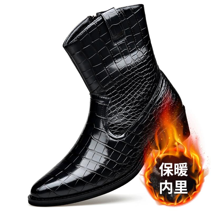 2026 Men's Crocodile Genuine Leather Chelsea Boots Black Pointed Toe Warm Lined Zip-Up Ankle Boots for Business Casual & Winter