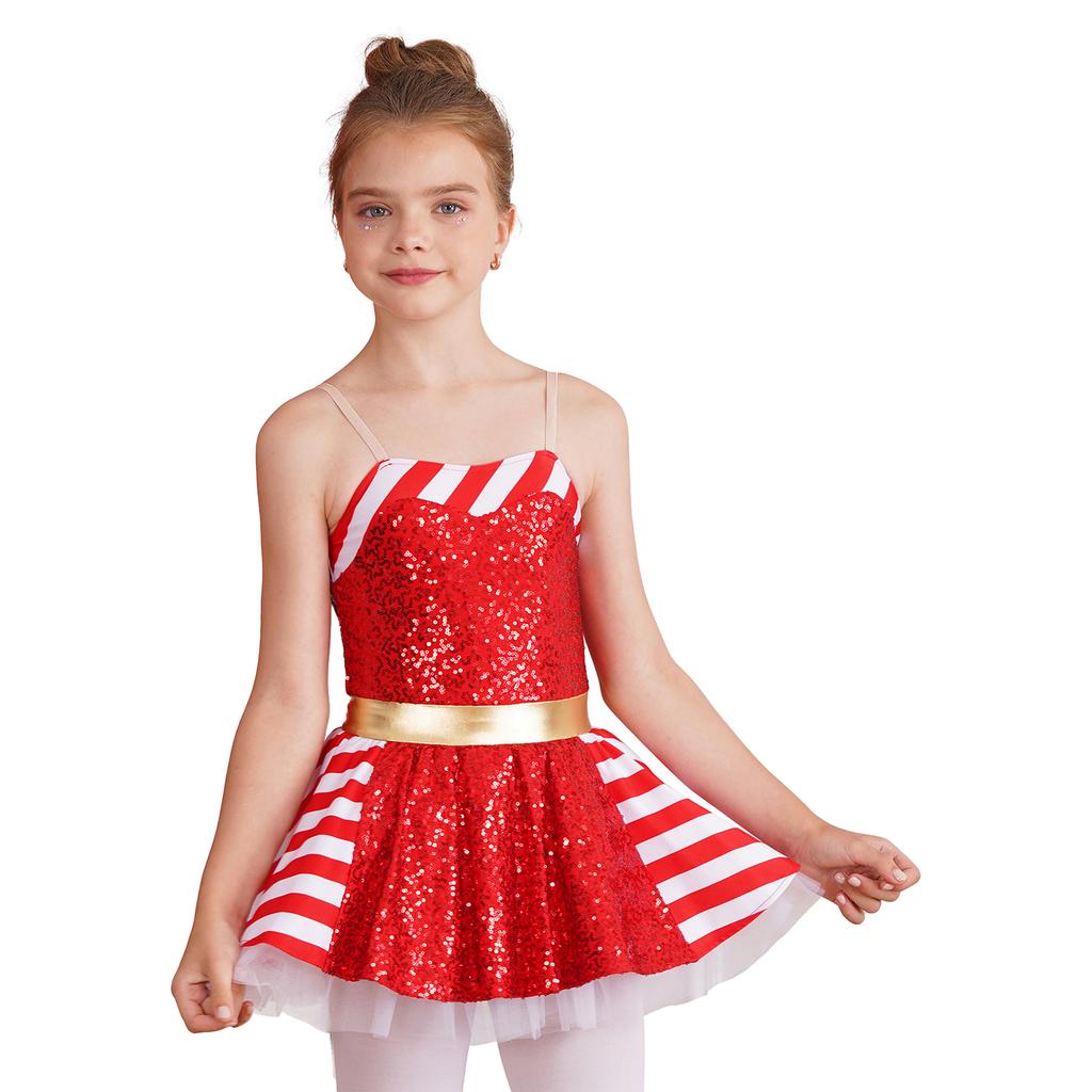 Girls Christmas Costume Striped Sequin Dress Adjustable Straps Skirt Jumpsuit Party Dress Up Outfit