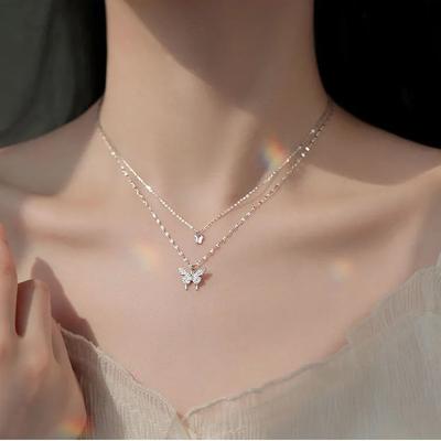 Sweet Niche Double-layer Butterfly Necklace, Japanese and Korean Temperament Light Luxury High-end Super Fairy Collarbone Chain Pendant