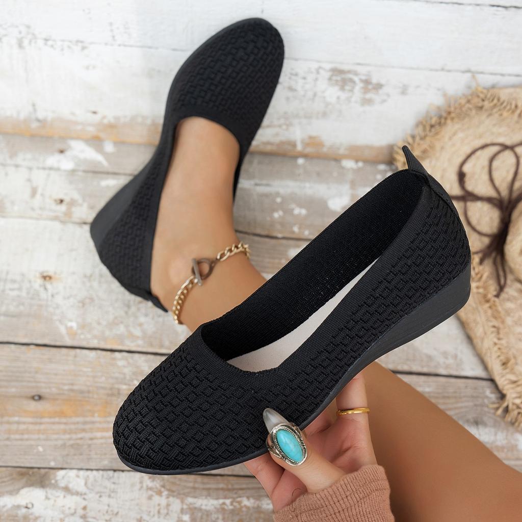 Black Shallow Mouth Round Toe Women Flats Knit Ballet Flat Shoes Casual Slip on Loafers for Women