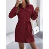Herbst und Winter, Freizeit, Einfarbig, Einreihiges Kleid, Revers, Langärmelig, Schnürung, Kordstoff Hemdkleid, Damenbekleidung