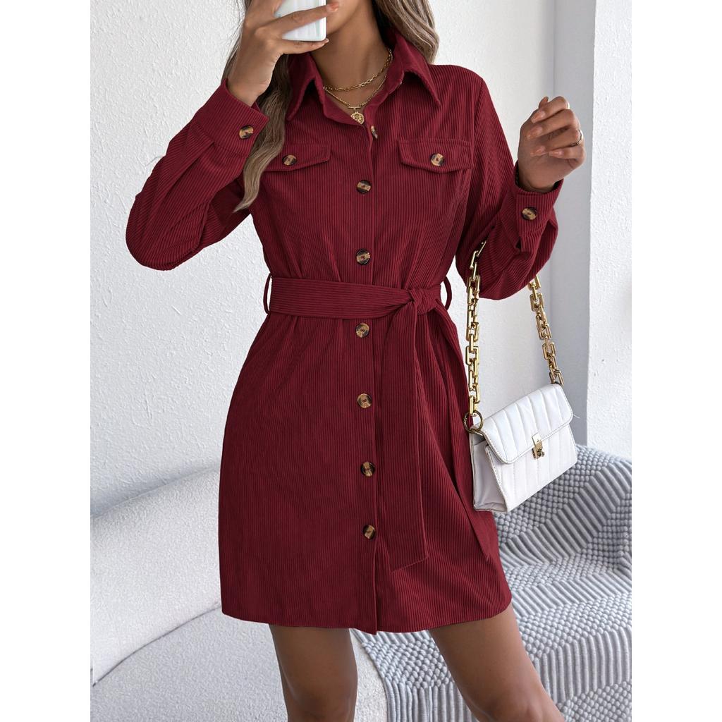 Herbst und Winter, Freizeit, Einfarbig, Einreihiges Kleid, Revers, Langärmelig, Schnürung, Kordstoff Hemdkleid, Damenbekleidung