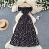 French sweet style square neck floral dress women's summer pleated waist strap A word temperament long dress red