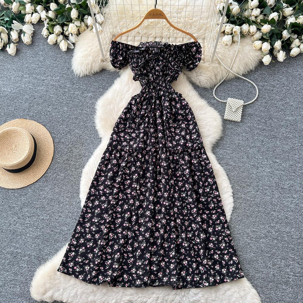 French sweet style square neck floral dress women's summer pleated waist strap A word temperament long dress red