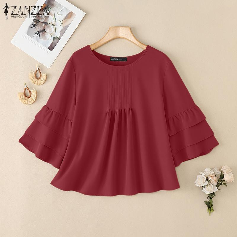 ZANZEA Women Casual Round Neck Solid Color 3/4 Sleeve Loose Blouse