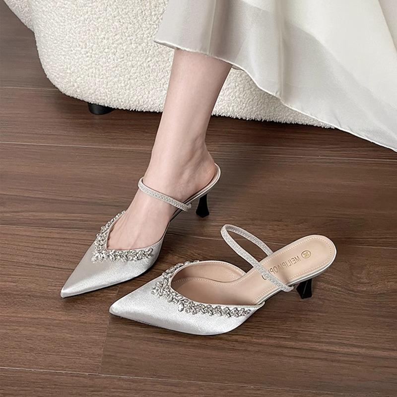Baotou sandals high heels women's slippers spring and summer 2025 new pointed thin heel rhinestone single shoes summer wear