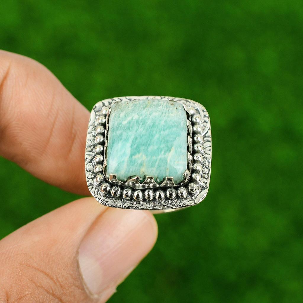 Sterling Silver Cushion Heart Chakra Amazonite Stone Sister Bezel Ring Size 7.75