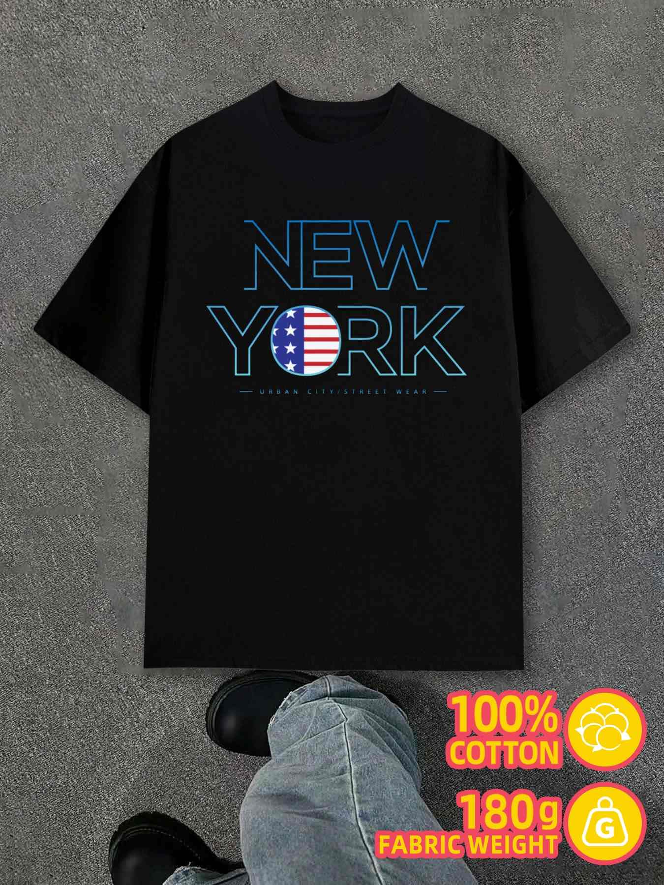 T-Shirt Y2K Ny Flag Cotton Tshirts Black Regular Fit 2XL