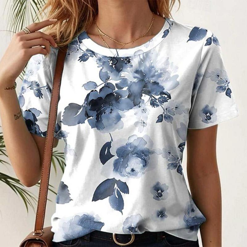Summer Women's Fashionable Short Sleeve T-Shirts 3d Flower Print Round Neck Pullovers Loose Casual Tops Trendy Women Clothing