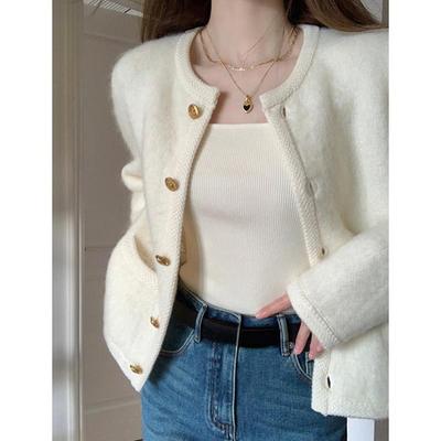 Autumn Vintage Short Knitted Cardigan Sweater Women Fashion New Casual Cardigans Jackets Women Elegant Round Neck Slim Fit Winter Cardigan Coats 25309