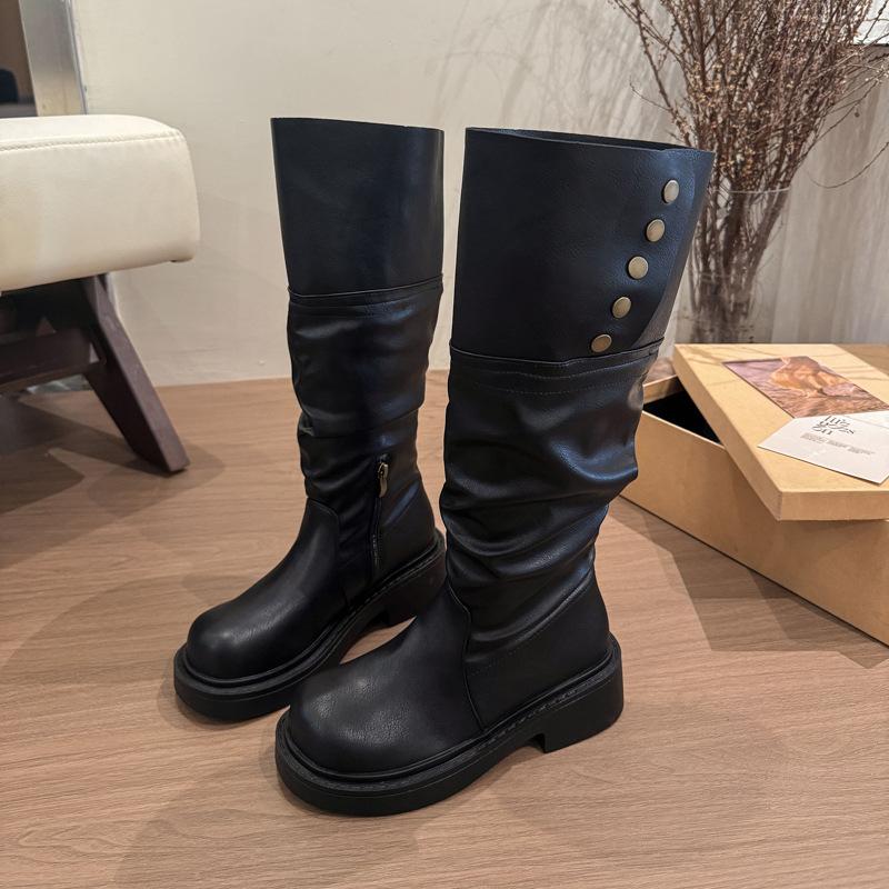 Pleated Pile Boots Two Wear Brown Tall Boots Children's 2025 New Autumn Thick-soled Knight Boots