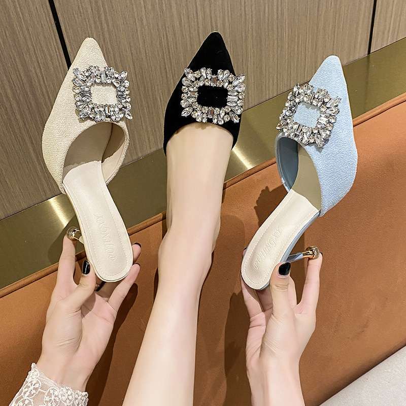 Size 35-43, large size French rhinestone bag head half slippers women's 41 thin heel lazy cool slippers high heel muller shoes 42
