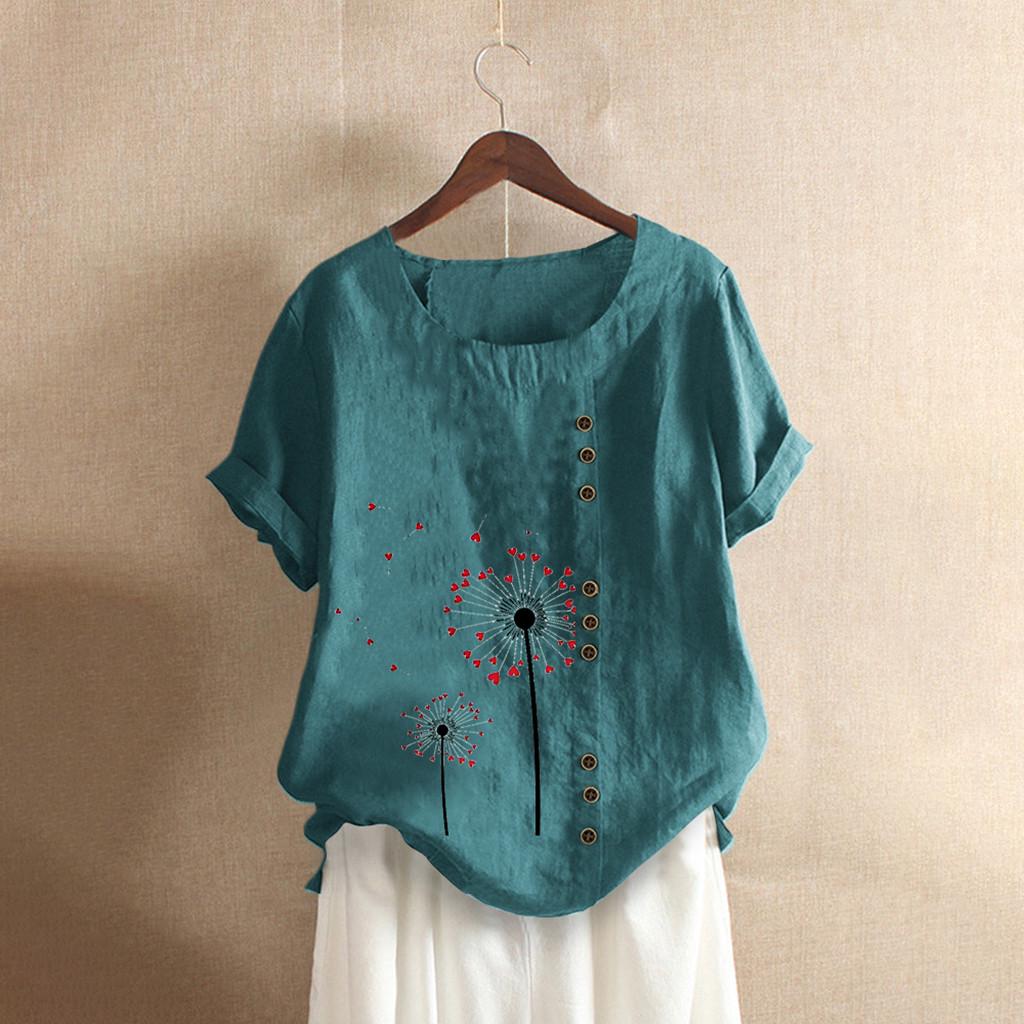 Women Buttons  Short Sleeve Floral Print Buttons Cotton Linen Vintage Top
