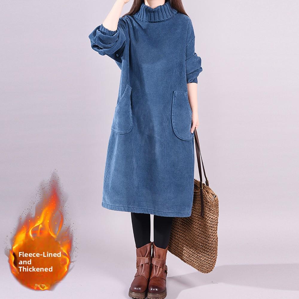 Thickened Corduroy Sweatshirt Dress Women's Vintage Long Skirt Fleece High Collar Lampwick Dress Winter Commute Style