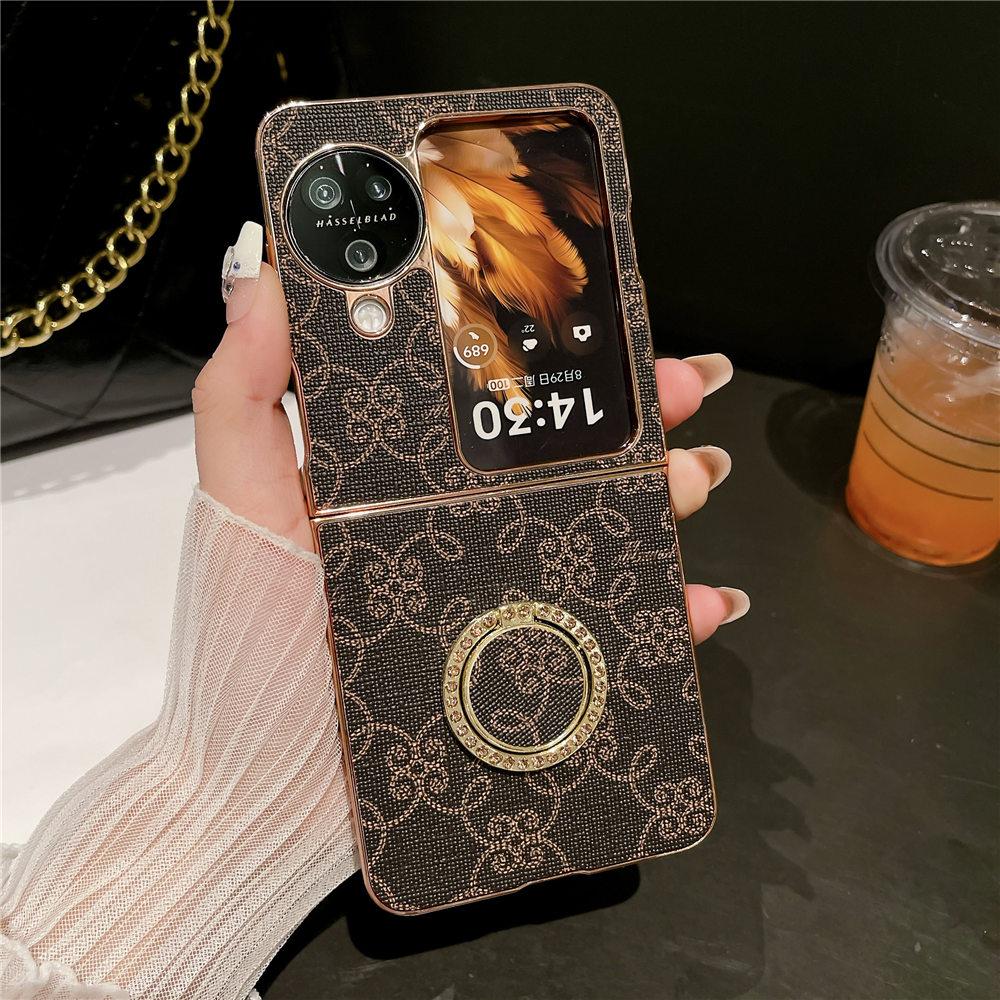 Electroplating Leather Ring Stand Phone Case For OPPO Find N3 Flip/N2 Flip Shockproof Flower Cover