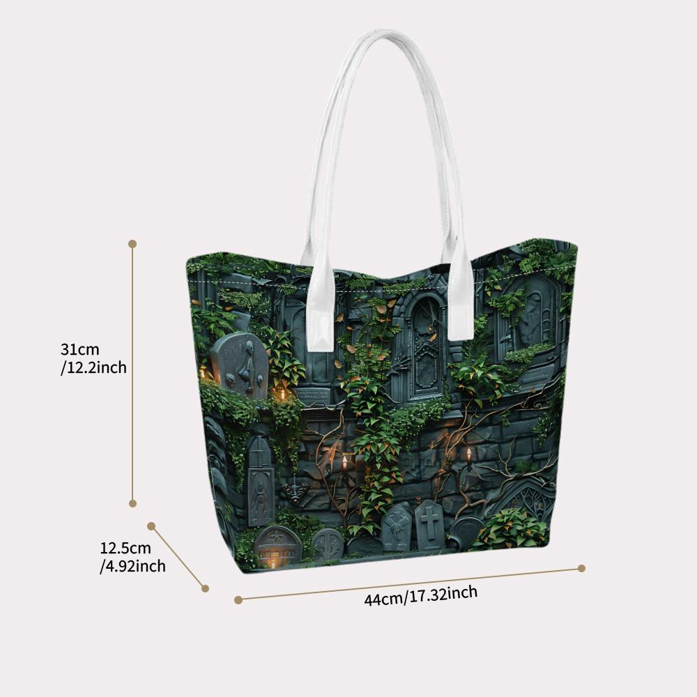 Gothic Cemetery Tote Bag Dark Vibes Spooky Green Ivy Pattern Daily Use Shopper Shoulder Bag