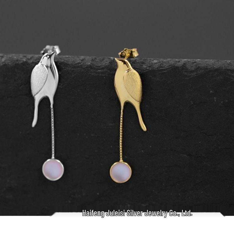 Elegant 925 Sterling Silver Bird Earrings with Iridescent Glass Beads - Hypoallergenic Chinese Ancient Style