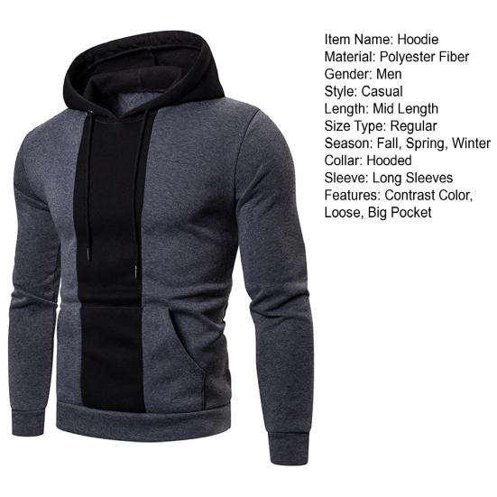 Men Fall Winter Hoodie Colorblock Drawstring Long Sleeves Big Pocket Hooded Retro Thin Loose Daily Wear Casual Sport Top