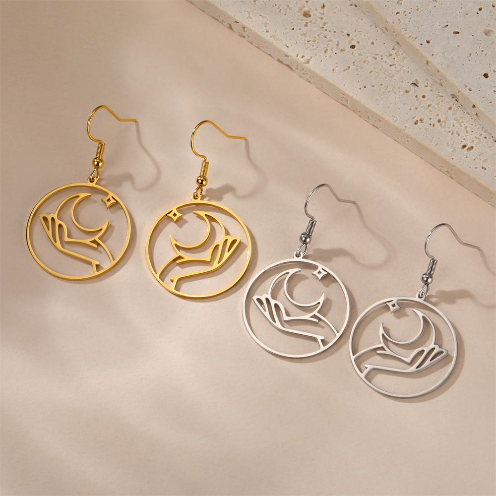 My Shape Moon Drop Earrings for Women Girl Stainless Steel Holding the Moon In Hand Star Dangle Earrings Jewelry Gifts Wholesale
