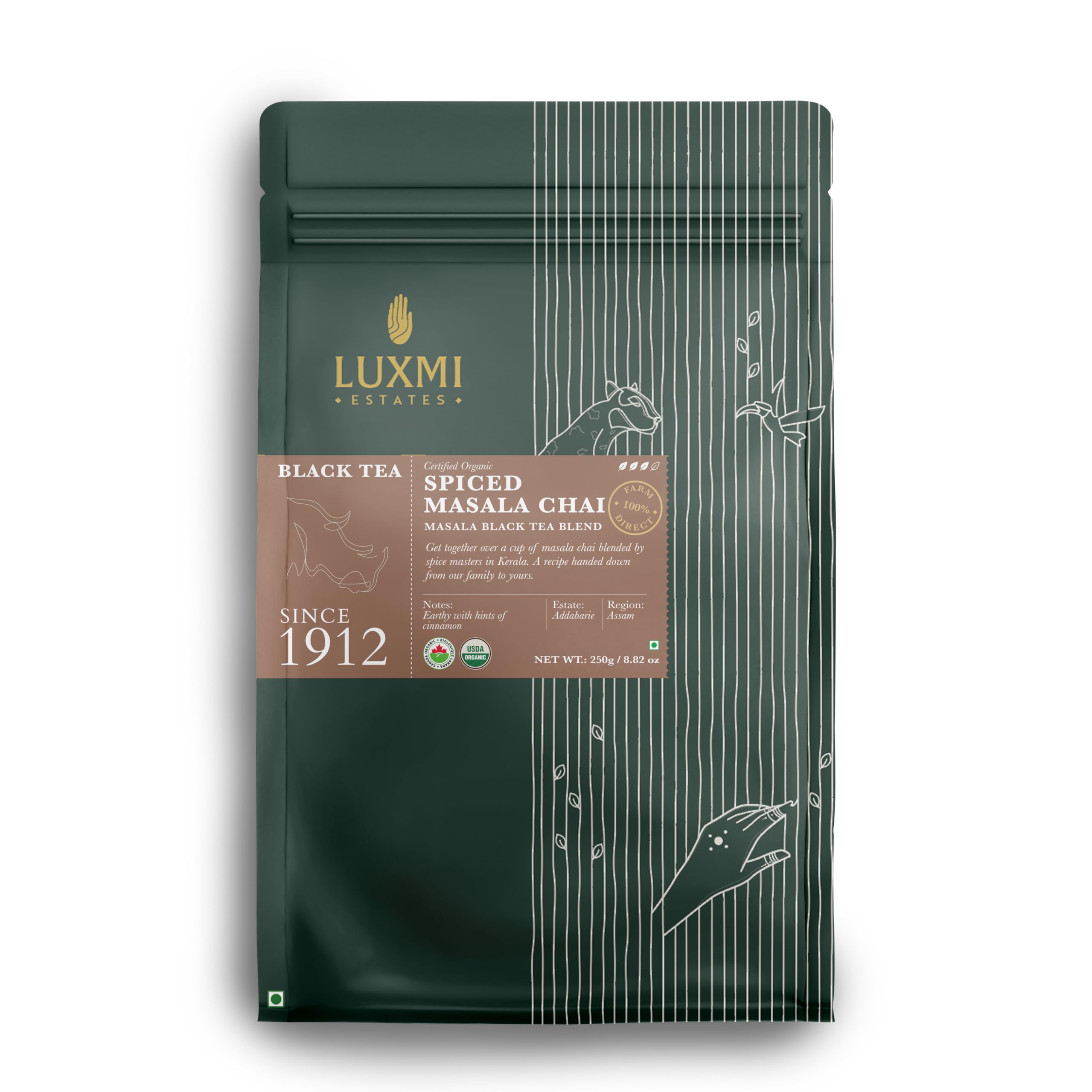

LUXMI Estates Spiced Assam CTC Masala Chai - 250g Pack | USDA Organic Black Tea Blend with Cinnamon, Cardamom & Spices | Authentic Indian Chai for