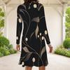 Women Plus Size Long Sleeve Round Neck A Line Black Golden Floral Printed Dress
