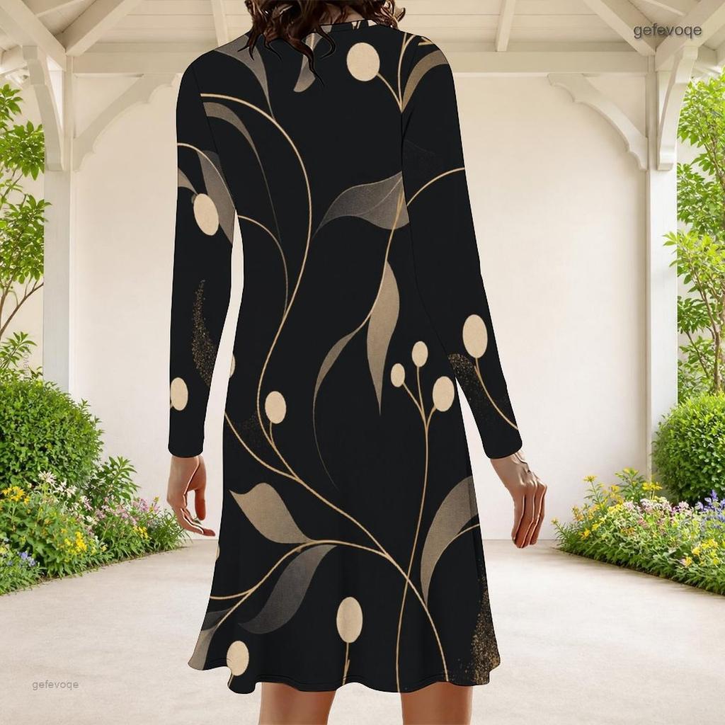 Women Plus Size Long Sleeve Round Neck A Line Black Golden Floral Printed Dress
