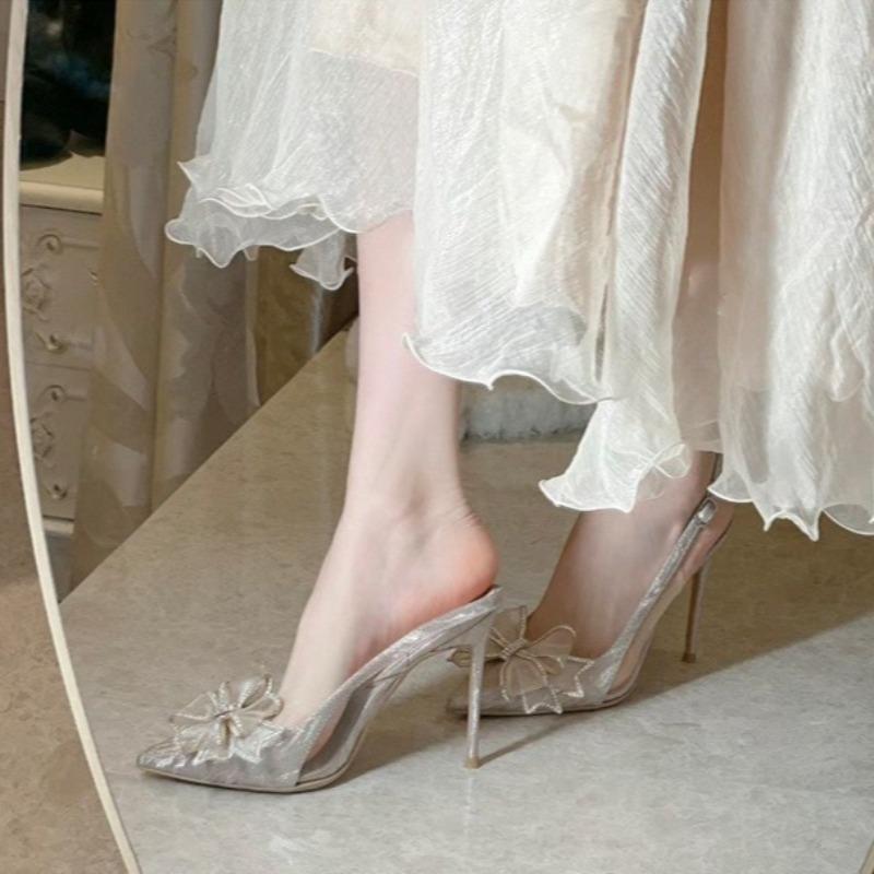 Women's High Heel Shoes Champagne Pointed Thin Heels High Heels Shoe Shiny Crystal Transparent Bow Women's Sandals Zapatos Mujer