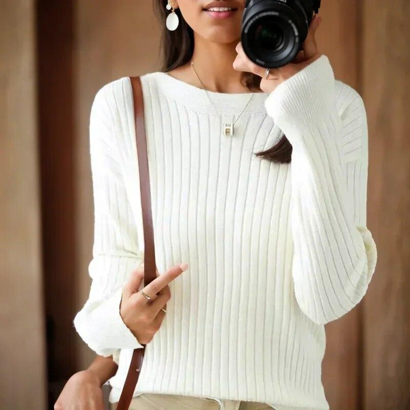 Pulover cu guler rotund Femei Ocazional Topuri tricotate largi Office Lady Fashion Pulover cu mânecă lungă în dungi Haine Tragere caldă 29558