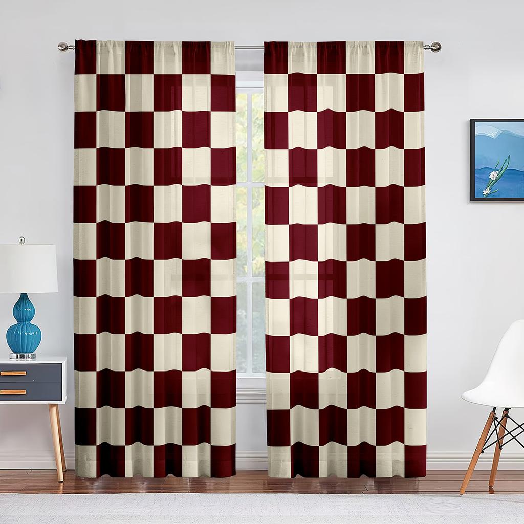 Black and White Groovy Checkerboard Sheer Voile Curtain Abstract Psychedelic Window Tulle Curtains for Living Room Bedroom Decor