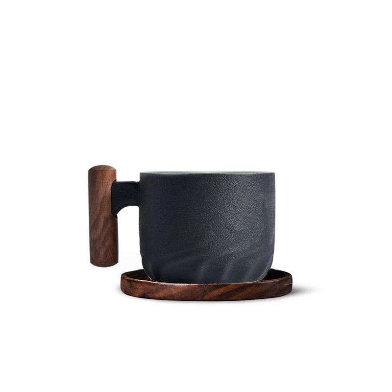 130ml Ceramic Coffee Mug With Wooden Handle Heat-resistant Kungfu Teacup With Coaster Kungfulatte Cappuccino Espresso Cup