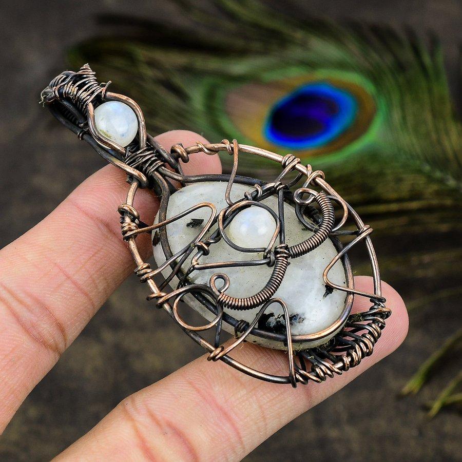Rainbow Moonstone Handmade Copper Wire Wrap Jewelry Pendant 3.35" C5n25