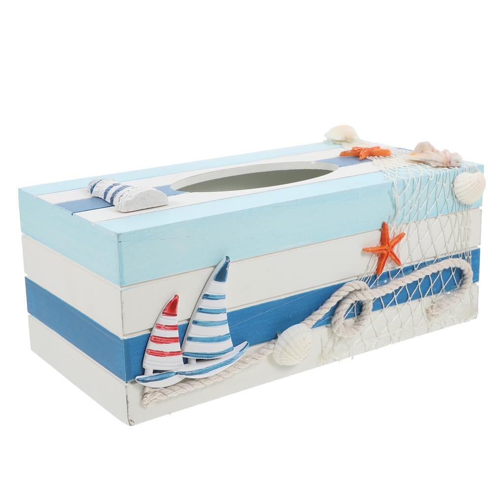1pc Mediterranean Decorative Tissue Box Wooden Craft Storage Organizer For Home Bedroom Office Desktop Streaked Lighthouse