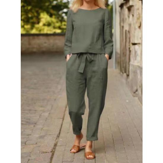 

Льняной женский модный однотонный повседневный комплект-двойка для весны и лета, простой и ретро, с эластичной талией на завязках M армия зеленый