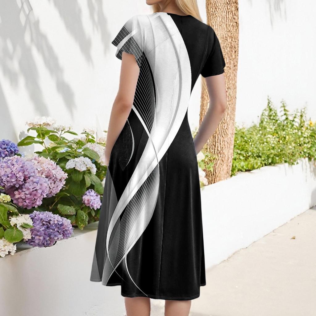 Women's Casual Fashion V-neck Short Sleeve Print Dress With Pockets