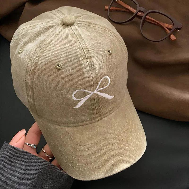 

Korean Bow Baseball Caps for Women Retro Washed Cotton Adjustable Duck Tongue Caps Sweet Girl Outdoor Casual Sun Visor Hats One Size