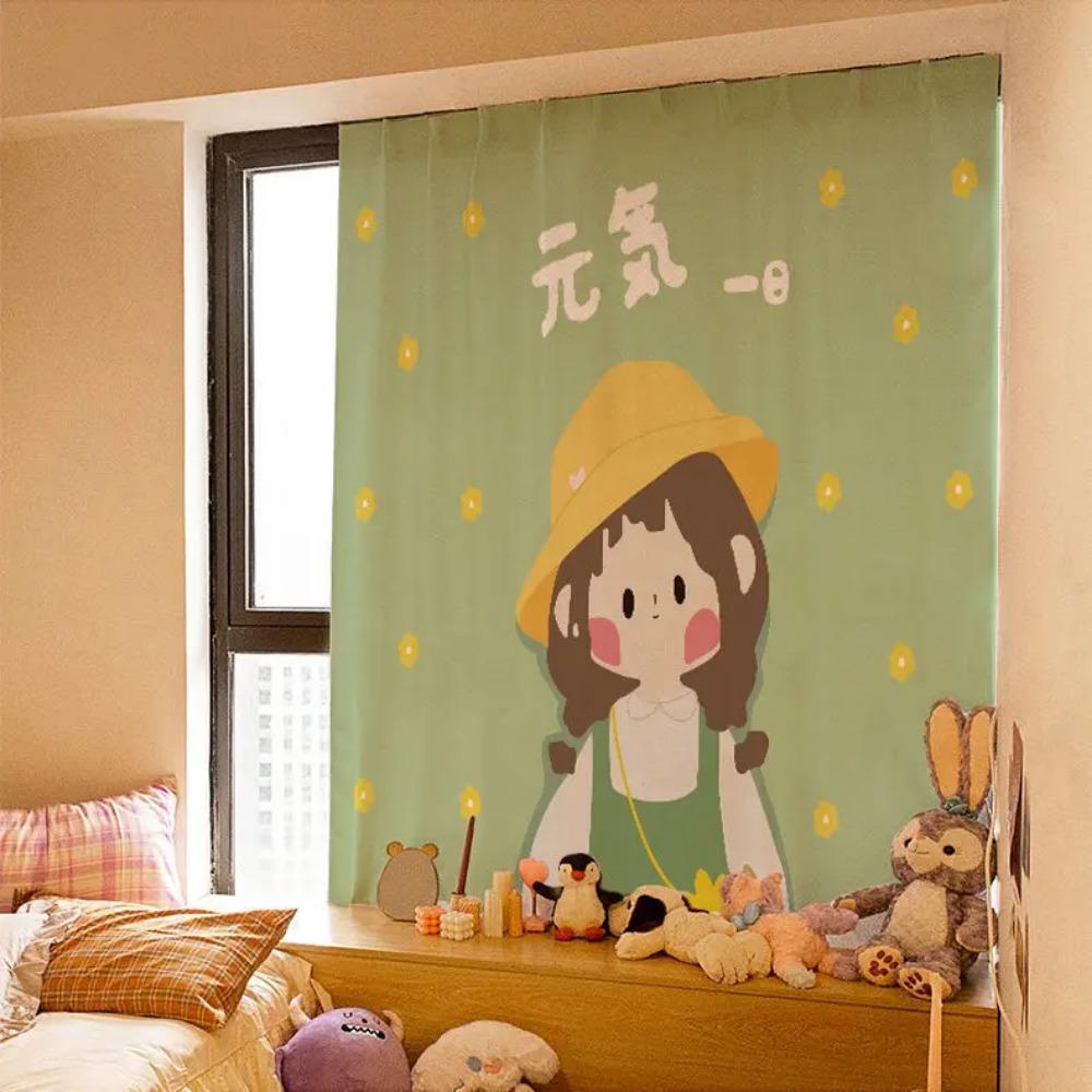 Kawaii Ins Curtain Fabric Punch-free Short Curtain Cartoon Curtains Self-adhesive Wall Cloth for Window Shading