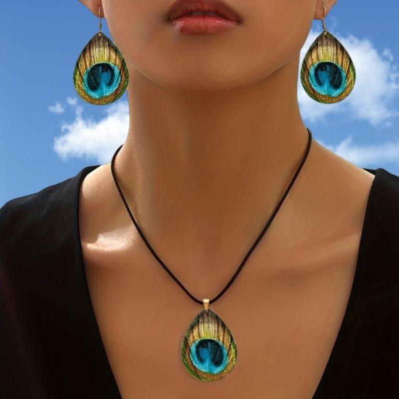 Ethnic retro bohemian peacock feather pattern print water drop geometric stud earrings necklace set