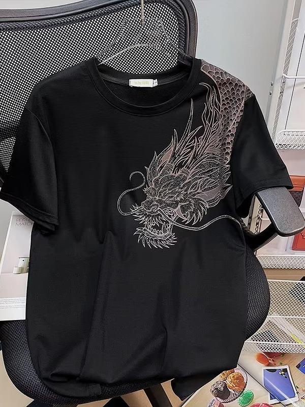 T-shirt Trendy da Uomo a Maniche Corte con Drago di Strass - Stile Celebrità Estivo
