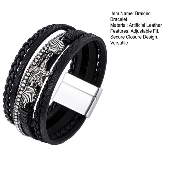 Damen geflochtenes Armband mehrlagig böhmisch Kunstlederseil Seestern Muschel Dekor Sicheres Verschluss Armband Handgelenk Accessoire