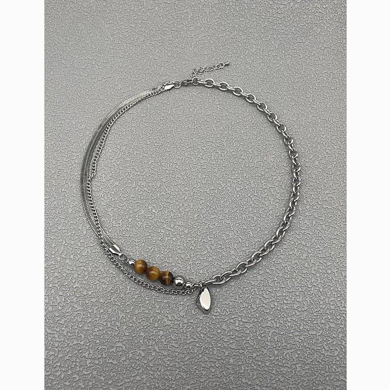 Modern Asymmetric Collar Chain With Tiger Eye Stones And Titanium Pendant For Unisex