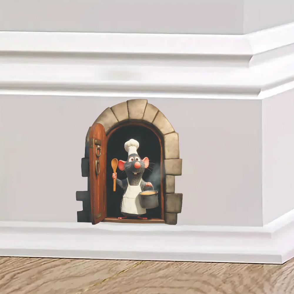 Cartoon Chef Mouse at Mouse Hole Wall Sticker for Kitchen Dining Room Home Decor Self-Adhesive Removable Decal