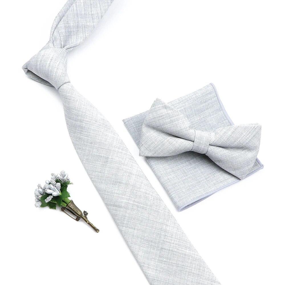Solid Color Cotton Necktie Set For Men Tie 4pcs Hanky Cufflinks Rhinestone FLoral Brooch Tie Set