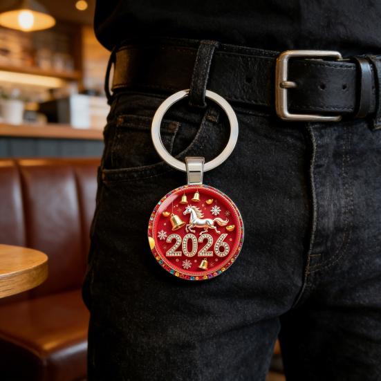 Brelok ze wzorem konia 2026 Płaska okrągła metalowa zawieszka 2D do kluczyków samochodowych, dekoracja torby, prezent Shin