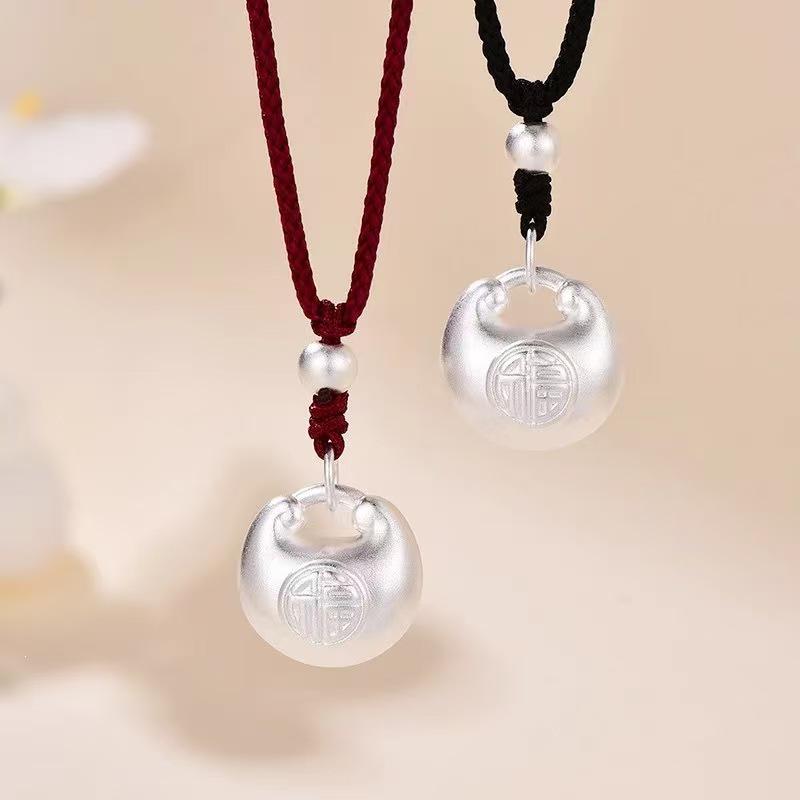 999 Pure Sterling Silver 3D Fu Character Necklace with Ingot Pendant for Couples