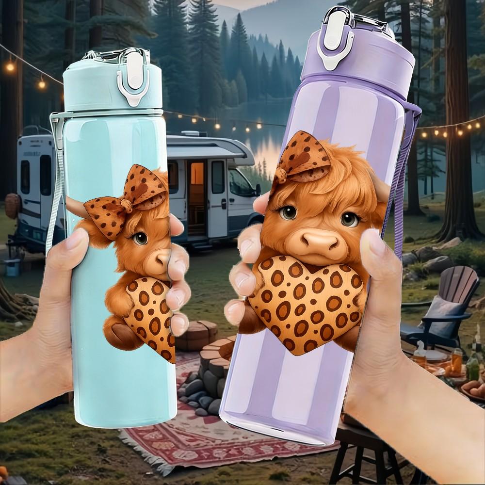 1PC Highland Cow Leopard Fur 750ml Color Plastic Sports Water Bottle Leakproof Flip Straw Lid Suitable for Sports Office Home Use